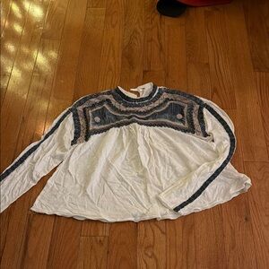 FREE PEOPLE White and Blue Embroidered Long Sleeve Top